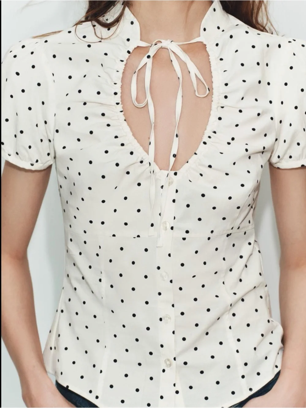 Zara White Polka Dot Tie-Neck Puff Sleeve Blouse